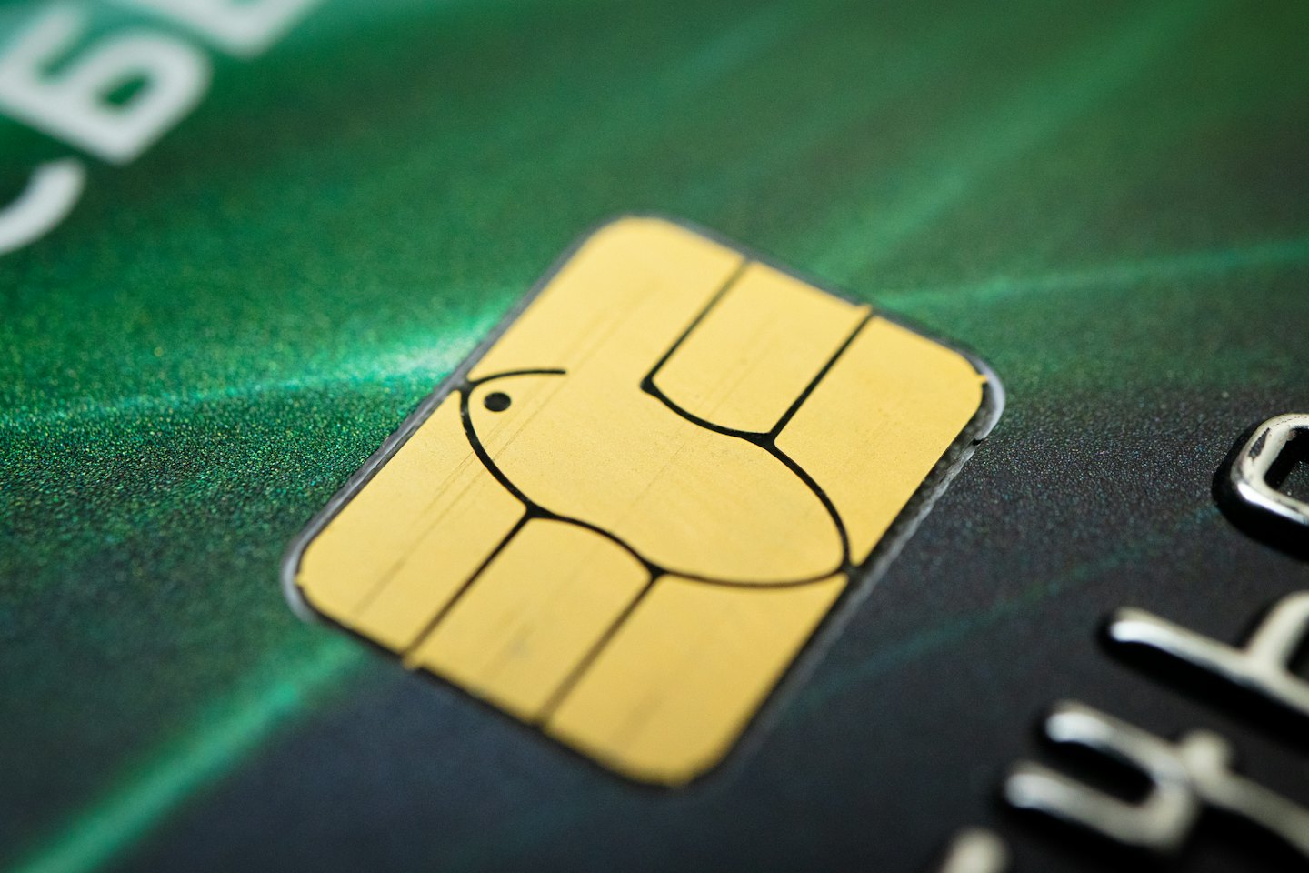 Goldener EMV-Chip auf einer Zahlungskarte mit erhabenen Zahlen.